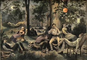 Varme i New York: innbyggere leir i parkene, fra avisen "Le Petit Parisien", 26.07.1908 (gravering)