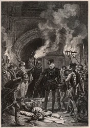Henrik I av Lorraine (1549-1588), hertug av Guise, betrakter ved daggry under Bartolomeusnatten 24. august 1572 liket av Gaspard II de Coligny (1519-1572) (Sankt Bartolomeus) - Coligny, fransk protestantisk admiral og religiøs leder, drept under