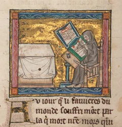 Eremitt som skriver ved et skrivebord, miniatyr fra "Estoire del Saint Graal, La Queste del Saint Graal, Morte Artu", ca. 1315-25 (blekk på pergament)