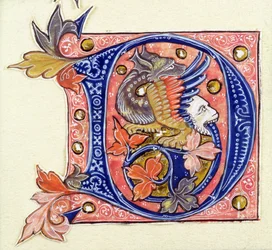 Historikert initial D som viser en fisk med et menneskehode