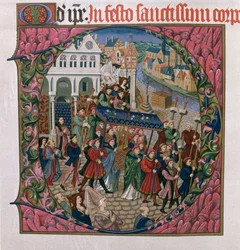 Historikert initial D som viser en religiøs prosesjon på Place de Greve, Paris på 1400-tallet (faksimileutgave av Missel de Jouvenel des Ursins)