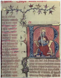 Historikert initial R som viser keiser Karl den Store (742-814)
