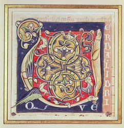 Historikert initial U som viser et sammenflettet mønster og fantastiske dyr, fra Bibelen til Saint-Andre aux-Bois
