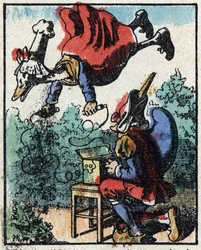 Historie om Dr. Pulcinella (Polichinelle). Tregravering av Imaging Pellerin - Epinal, sd. Sent på 1800-tallet.