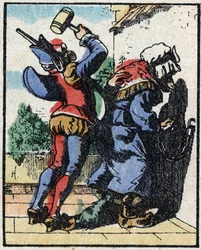 Historie om Dr. Pulcinella (Polichinelle). Tregravering av Imaging Pellerin - Epinal, sd. Sent på 1800-tallet.