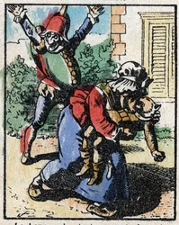 History of Dr. Pulcinella (Polichinelle). Wood engraving of Imaging Pellerin - Epinal, sd. Late 19th century.