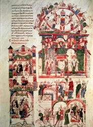 Historien om livet til kong Salomo Page of the Bible of Noailles (eller Bibelen til Sant Pere de Roda eller Saint Pierre de Rodas) Paris fra 10. eller 11. århundre, B.N.