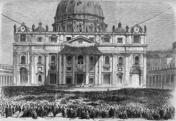 Hellige uke i Roma: utsikt over Petersplassen i Roma (Piazza San Pietro) under velsignelsen "urbi et orbi" på skjærtorsdag og påskedag. Gravering i "" Le Monde Illustré"" nr. 526 av 11. mai 1867.