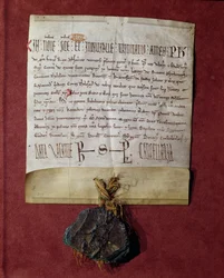 Hyllest til kong Filip II (1165-1223) fra Simon de Montfort (ca. 1160-1218) for territoriene som ble konfiskert fra Raymond VI (1197-1249) ca. 1216