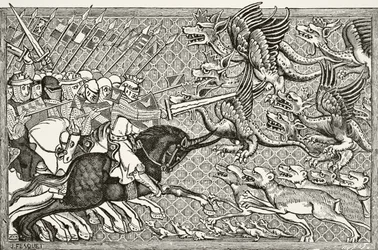 Hvordan Alexander kjempet mot dragene og en dyreart kalt Scorpion, fra "Vitenskap og litteratur i middelalderen" av Paul Lacroix (1806-84) publisert London 1878