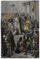 Hugo Capet valgt til konge - Kroningen av Hugo Capet (ca. 941-996), konge av Frankrike, den 3. juli 987 i Noyon ved Adalberon (ca. 925-990), erkebiskop av Reims.