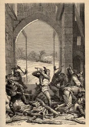 Hundreårskrig: "" La prize du Chateau de Grand Fougeray av Bertrand Du Guesclin (1320-1380) en 1356, Grand-Fougeray, Ille et Vilaine "(i 1356 under beleiringen av Rennes av englænderne som en del av de hundre årene var bertrand duguesclin kledd opp