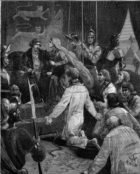 Hundreårs krig. Borgerskapet i Calais: devouering av Eustache av St. Peter og hans følgesvenner til kong Edward III av England ber om deres nåde, støttet av dronning Philippa av Hainaut (1311-1369).