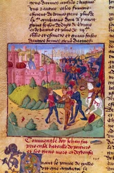 Hundreårskrigen: «Frankrikes konge Johan II den gode (1319–1364) blir tatt til fange av engelskmennene i slaget ved Poitiers 19.09.1356» Miniatyr fra Jean Froissarts krøniker (1337–1400) fra 1400-tallet, Chantilly, Musée Conde