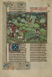 Jegere som jager en hjort, ca. 1430–40 (temperafarger, gullmaling, sølvmaling og bladgull)