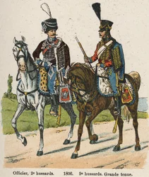 Husarer 1. vendemiar An XII (24. september 1803): Offiser, 2. husarer og 9. husarer i flott drakt i 1806. Plate fra boken Les Uniforms de l