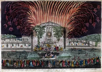 Illuminasjon og fyrverkeri på Place Louis XV i Paris i anledning freden og avdukingen av kongens rytterstatue den 22. juni 1763. Privatsamling.