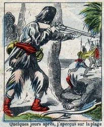 Illustrasjon For boken til Daniel Defoe (De foe) "" Robinson Crusoe"". Epinal avbildning fra slutten av 1800-tallet.