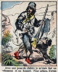 Illustration For the Book of Daniel Defoe (De foe) “” Robinson Crusoe””. Epinal imaging from the end of the 19th century.