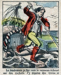 Illustration For the Book of Daniel Defoe (De foe) “” Robinson Crusoe””. Epinal imaging from the end of the 19th century.
