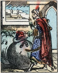 Illustrasjon til fortellingene om de tusen og en natt. Ali-Baba (Ali Baba).Tregravering fra Imaging Pellerin - Epinal, sd. Sent på 1800-tallet.