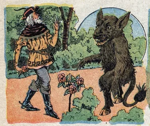 Illustrasjon for eventyret "Skjønnheten og beten"": kjøpmannen skjærer en rose i hagen til Bete for å bringe tilbake til datteren Belle. Gravering av Quinn-bilder, rundt 1890.