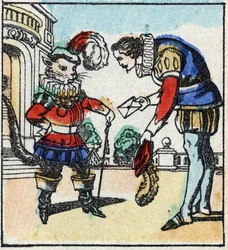 Illustrasjon av Charles Perraults fortelling "The Cat Botte". Tregravering av Imaging Pellerin - Epinal, sd. Sent på 1800-tallet.