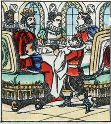 Illustrasjon av Charles Perraults fortelling "The Cat Botte". Tregravering av Imaging Pellerin - Epinal, sd. Sent på 1800-tallet.
