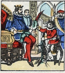 Illustrasjon av Charles Perraults fortelling "The Cat Botte". Tregravering av Imaging Pellerin - Epinal, sd. Sent på 1800-tallet.