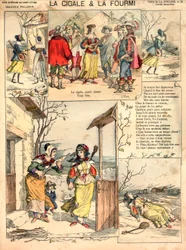 Illustrasjon til La Fontaines fabler: Sikaden og mauren, gravering, ca. 1890