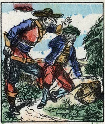 Illustrasjon av fortellingen "" Raminagrobis og musene "" Tregravering fra Imaging Pellerin - Epinal, sd. Sent på 1800-tallet.