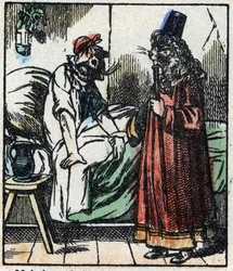 Illustrasjon av historien "" Raminagrobis og musene "" Tregravering fra Imaging Pellerin - Epinal, sd. Sent på 1800-tallet.