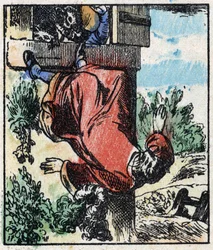 Illustration of the tale “” Raminagrobis and the mice “” Wood engraving from Imaging Pellerin - Epinal, sd. Late 19th century.