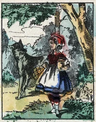 Illustration of the tale “The Little Red Riding Hood”” by Charles Perrault. Wood engraving from Imaging Pellerin - Epinal, sd. Late 19th century.