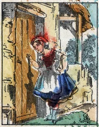 Illustration of the tale “The Little Red Riding Hood”” by Charles Perrault. Wood engraving from Imaging Pellerin - Epinal, sd. Late 19th century.