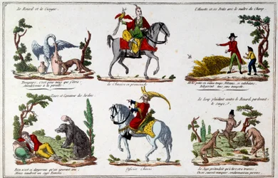 Illustrasjonsplate for fablene av Jean de La Fontaine (1621-1695): reven og storken, kineserne som går, bjørnen og hageelskeren, den kinesiske offiseren. Gravering