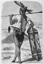 Illustrasjon publisert i utgaven av "Le Tour du monde" fra 1870 - 1871 som viser en dayak (urfolk) på øya Borneo. Gravering.