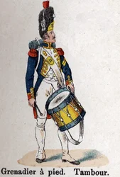 Imperial Guard Napoleon I: Grenadier til fots - Tromme. Tallerken fra boken Les Uniformes de l