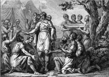 Innvielsen av Faramund (5. århundre): kroningen av frankernes konge Faramund (eller Pharamun eller Faramund eller Paramund). Kobberstikk fra 1700-tallet.