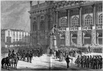 Inauguration of the Sardinian monument by Vincenzo Vela (1820-1891), at the Chateau Square in Turin (Italy) on 10 April 1859. Behind the statue is the “Palazzo Madama”. Based on Mr. Ferry
