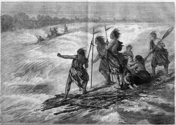 Indianere i Canada, stående på tregrener festet sammen, nedover Long Sault Rapids på St. Lawrence River