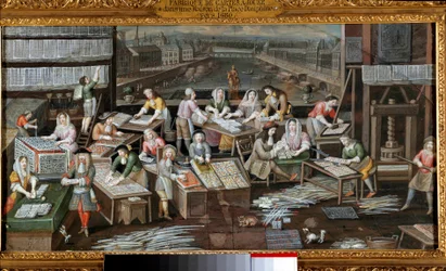 Inne i en spillekortfabrikk i et Place Dauphine-hus i Paris De ulike stadiene av kortlaging og salg er beskrevet. Maleri av den franske skolen. 1680 rundt Paris, Musee Carnavalet