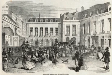 Interiør av den store gårdsplassen til Hôtel des Postes i Paris - Gravering i "Tableau-de-Paris" av Edmond Texier 1852