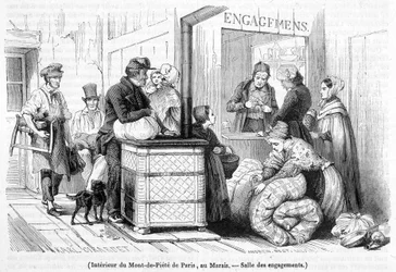 Interiøret i Mont-de-Piété i Paris, i Marais: forlovelseshallen - i «Le Magasin pittoresk» nr. 6 fra juni 1842