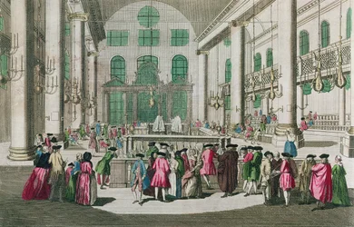 Interiør i en synagoge under Purimfestivalen