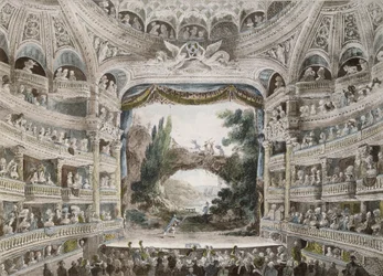 Interiør av Comedie Francaise Theatre i 1791, etter en original akvarell