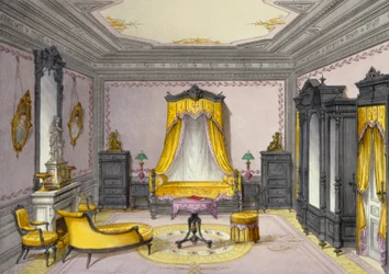 Interiør som viser møbler fra et fransk tidsskrift, 1850-tallet