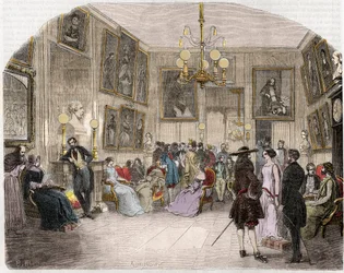 Innvendig utsikt over grøntrommet (Comedie Francaise i Paris) - Innvendig utsikt over kunstnernes foaje - Comedie Francaise - Gravering i "Tableau-de-Paris"" av Edmond Texier 1852