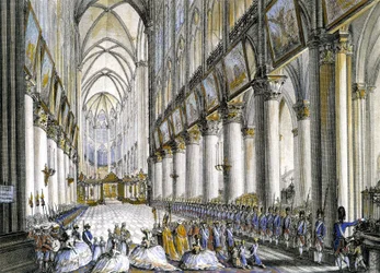 Innvendig utsikt over Notre-Dame de Paris, ved ankomsten til Marie Antoinette (1755-1793), dronning av Frankrike, for å delta på den berømte messen for fødselen av sønnen hennes, den fremtidige Louis XVII (1785-1795). Gravering 1700-tallet.