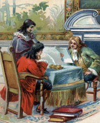Intervju av Gottfried Wilhelm Leibniz (1646-1716), tysk filosof med Jacques-Benigne (Jacques Benigne) Bossuet (1627-1704), fransk teolog og forfatter. kromolitografi.